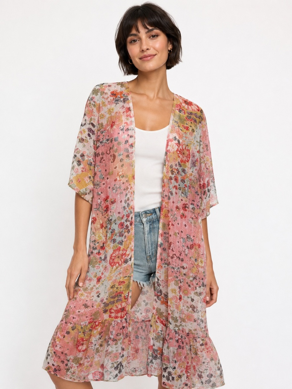 Bindya NY Sheer Duster Kimono - Floral Metallic - Boho Luxe